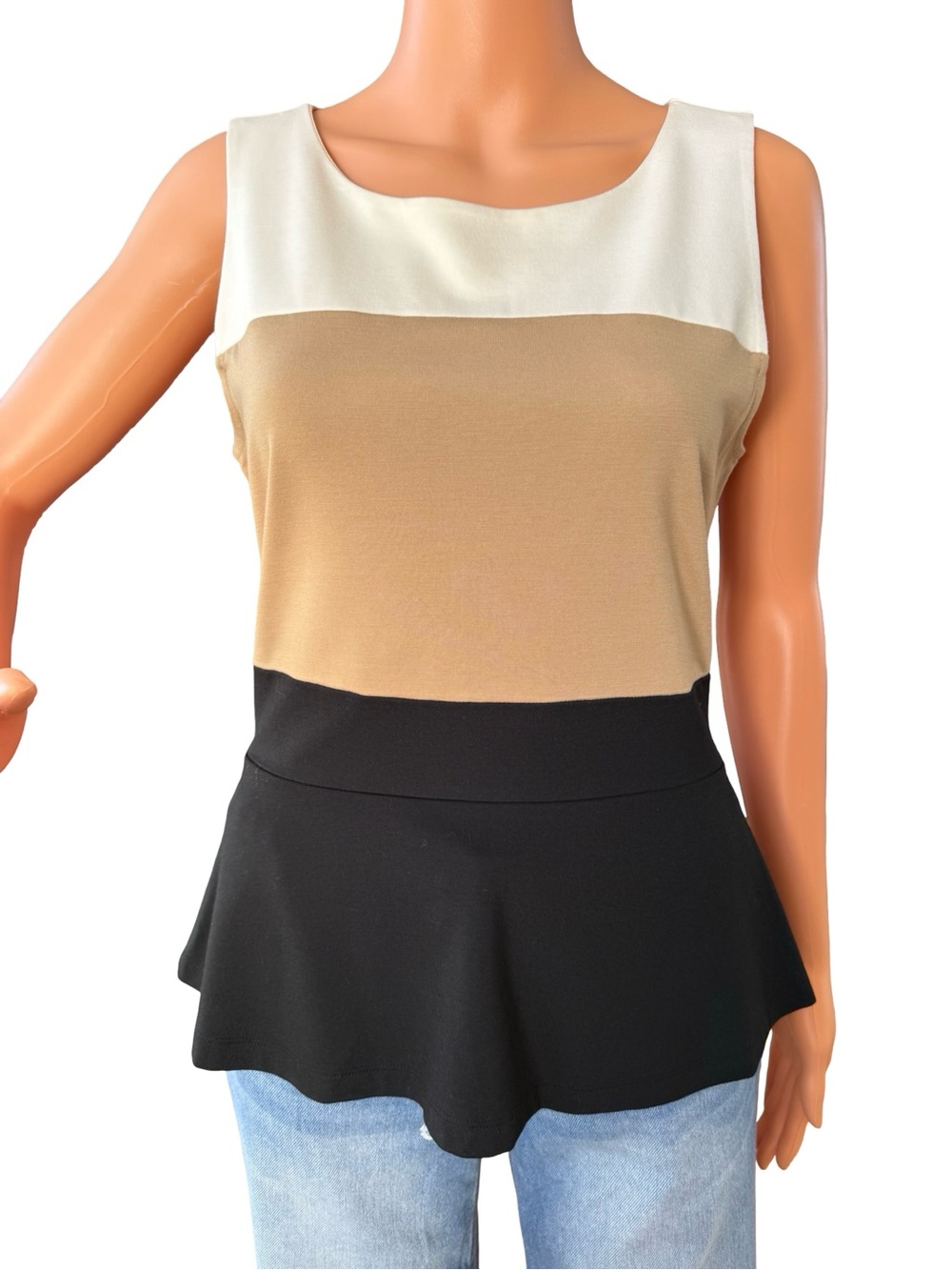 Banana Republic Cream, Tan & Black Colorblock Peplum Tank Top